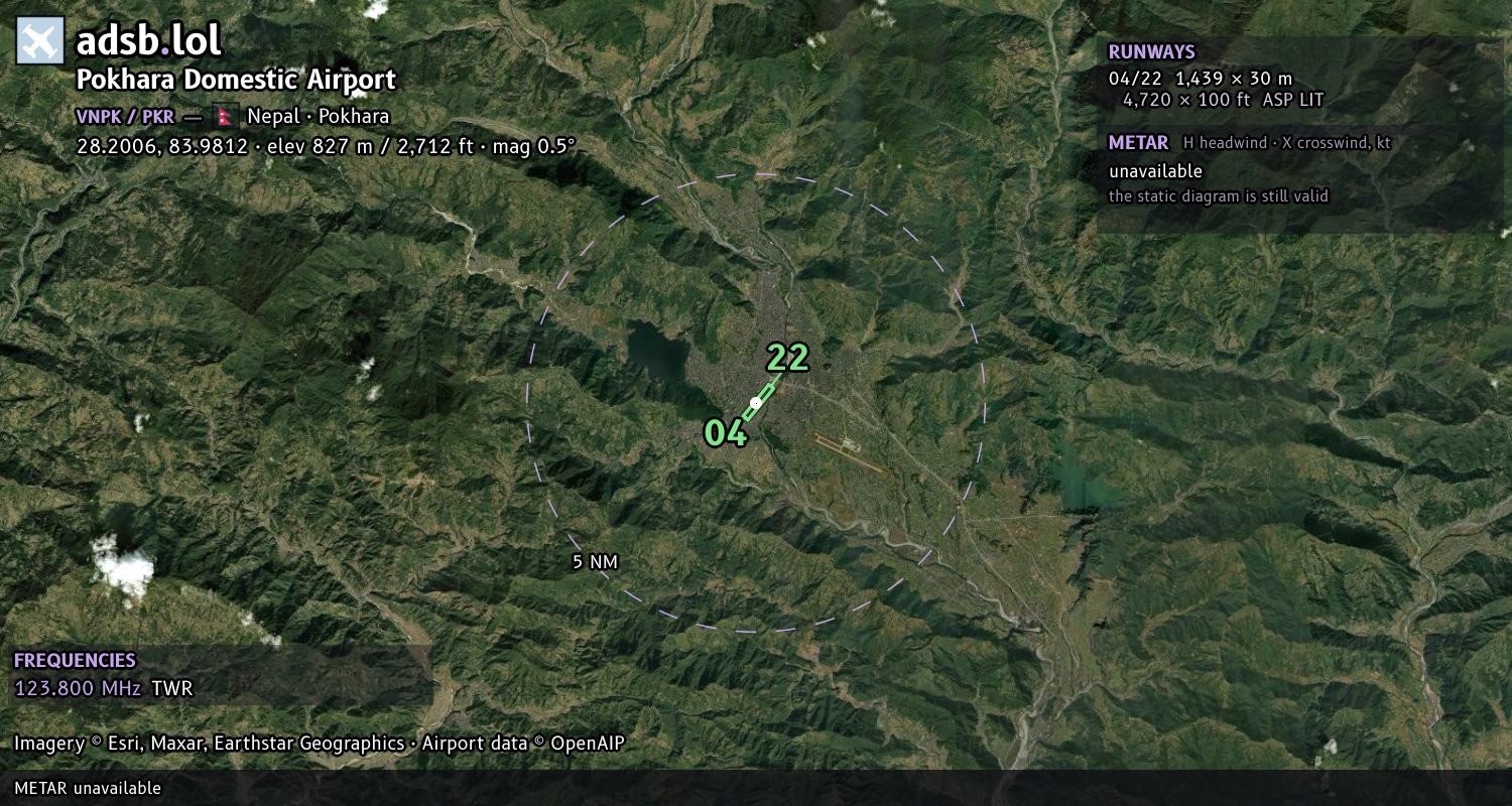 Satellite map with the runway layout of Pokhara Domestic Airport (VNPK)