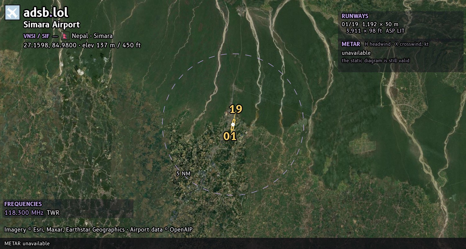 Satellite map with the runway layout of Simara Airport (VNSI)