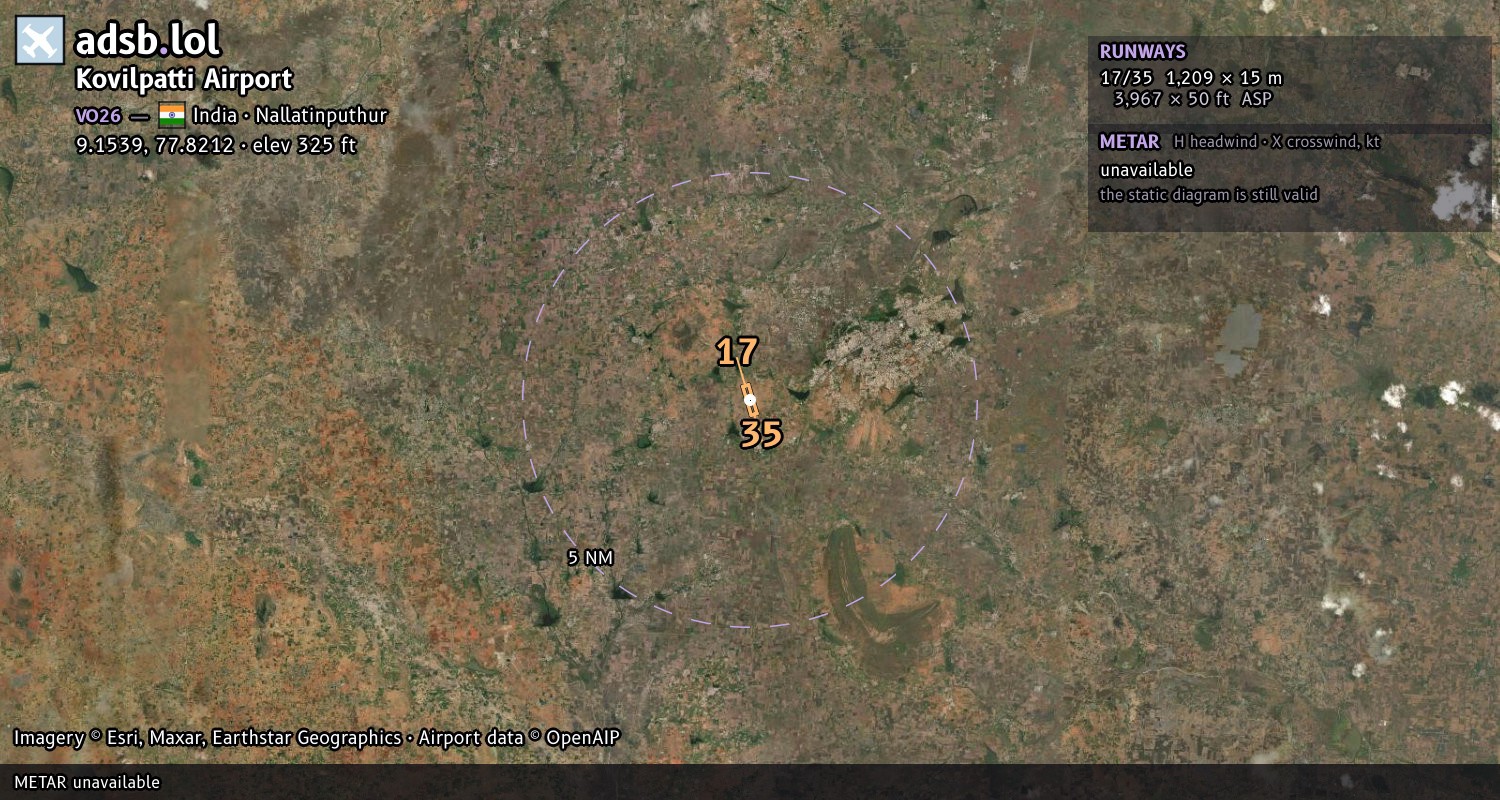 Satellite map with the runway layout of Kovilpatti Airport (VO26)