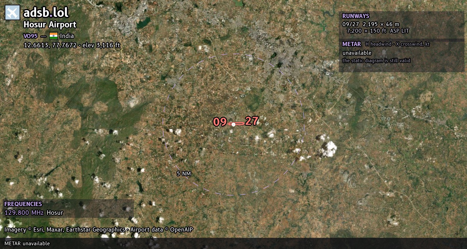 Satellite map with the runway layout of Hosur Airport (VO95)