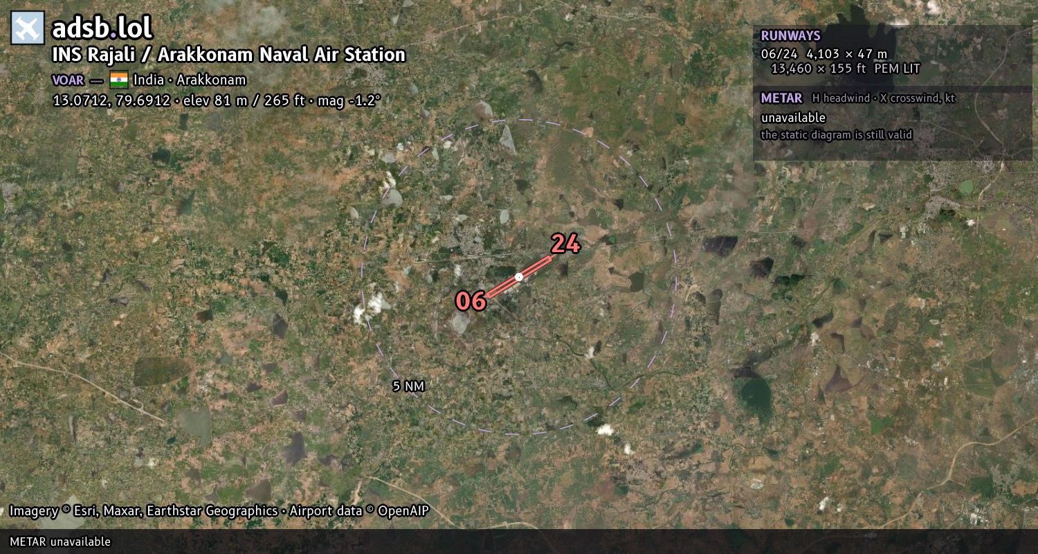 Satellite map with the runway layout of INS Rajali / Arakkonam Naval Air Station (VOAR)