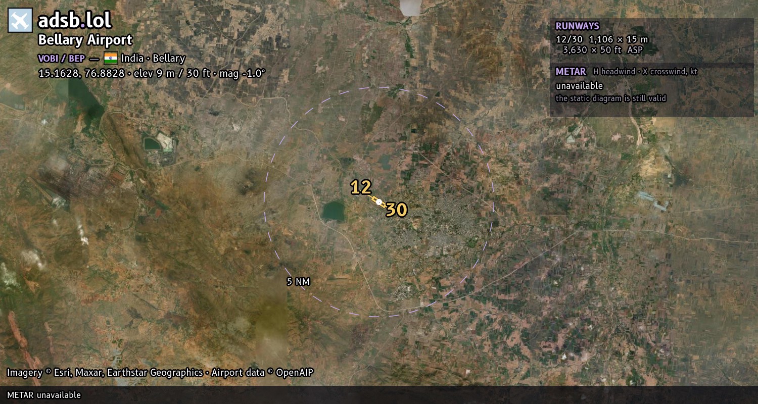 Satellite map with the runway layout of Bellary Airport (VOBI)