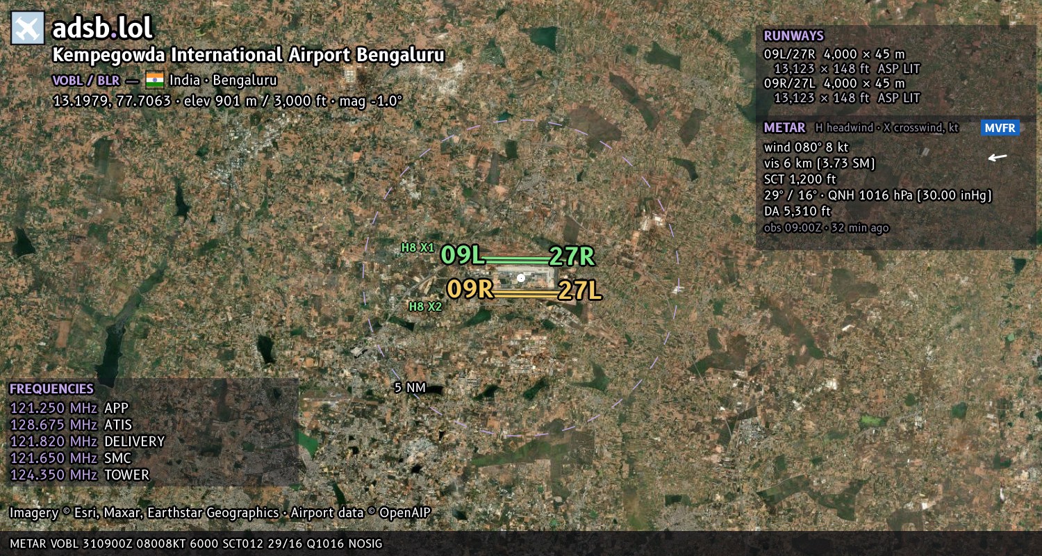 Satellite map with the runway layout of Kempegowda International Airport Bengaluru (VOBL)