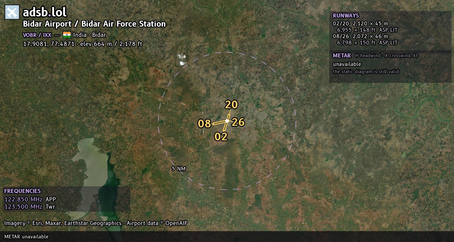 Satellite map with the runway layout of Bidar Airport / Bidar Air Force Station (VOBR)
