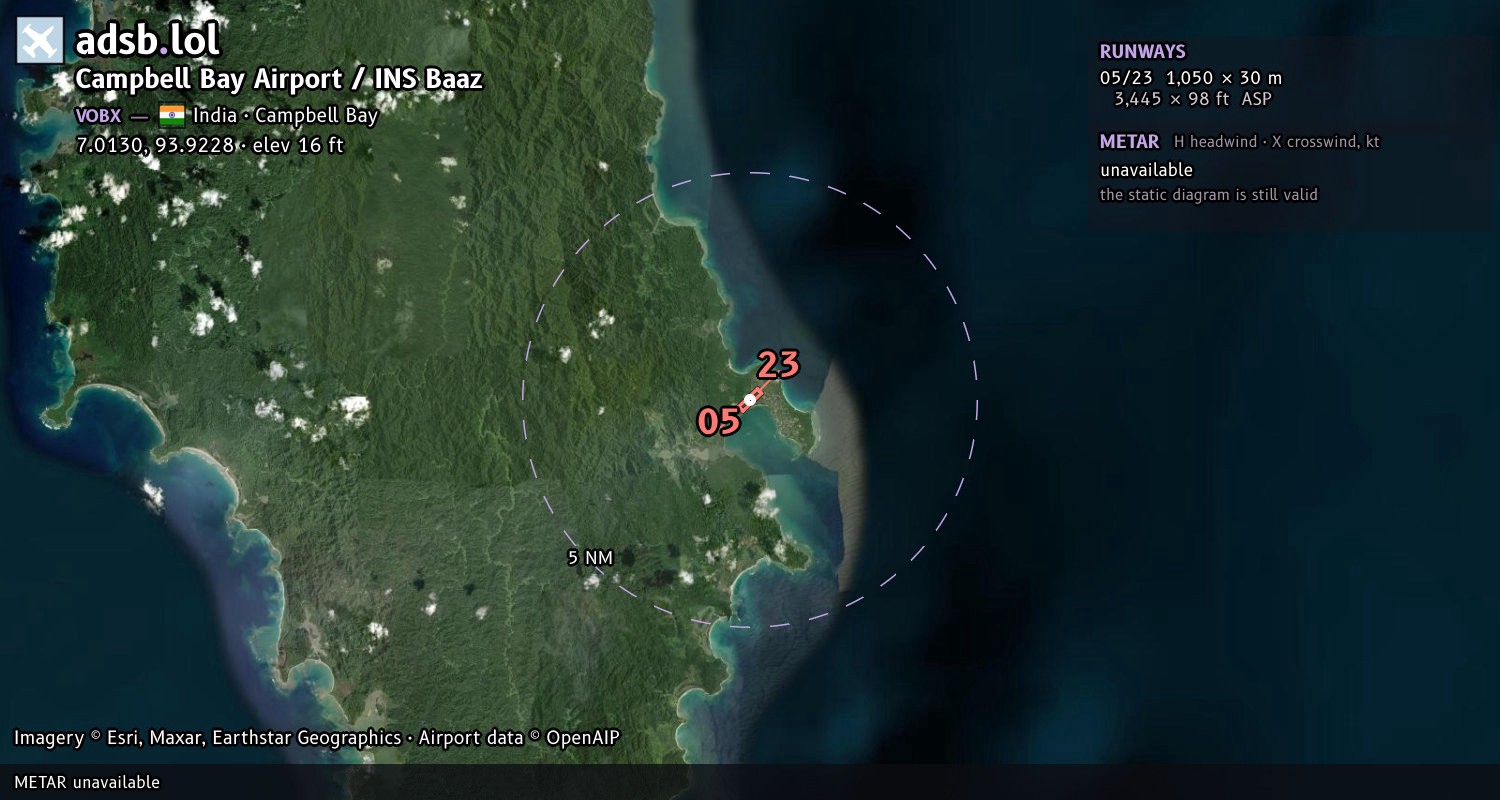 Satellite map with the runway layout of Campbell Bay Airport / INS Baaz (VOBX)