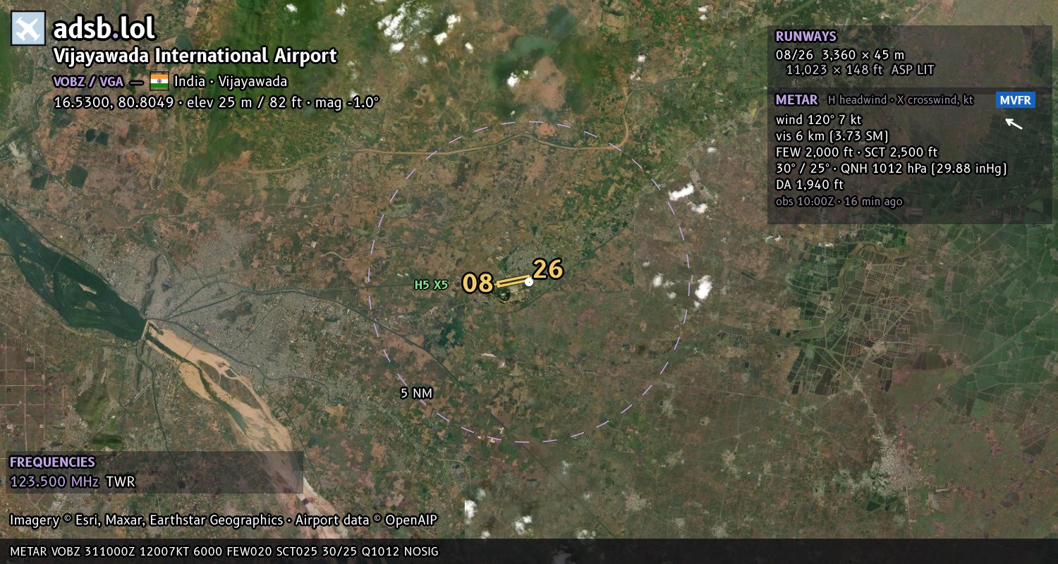 Satellite map with the runway layout of Vijayawada International Airport (VOBZ)