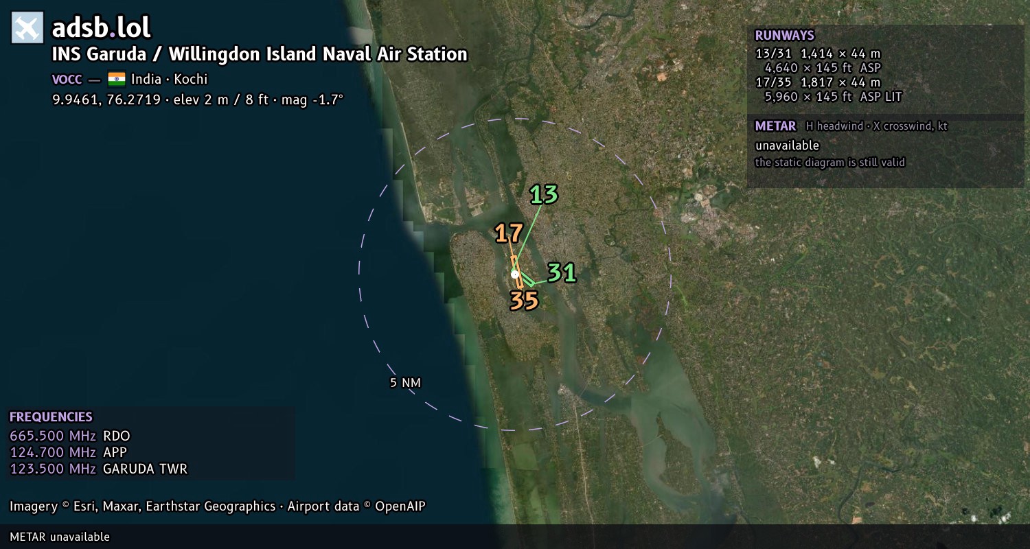 Satellite map with the runway layout of INS Garuda / Willingdon Island Naval Air Station (VOCC)