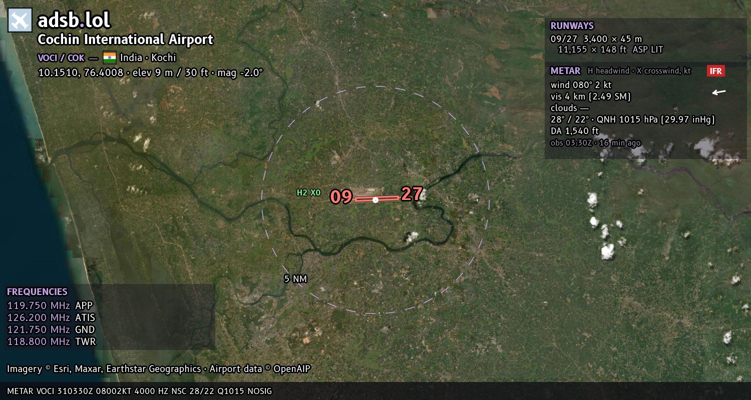 Satellite map with the runway layout of Cochin International Airport (VOCI)