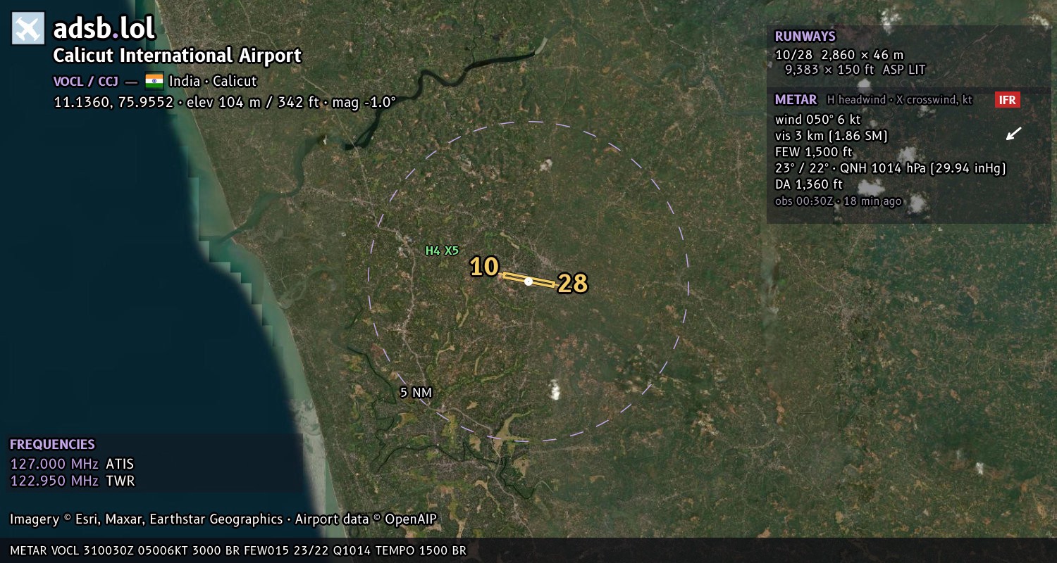 Satellite map with the runway layout of Calicut International Airport (VOCL)
