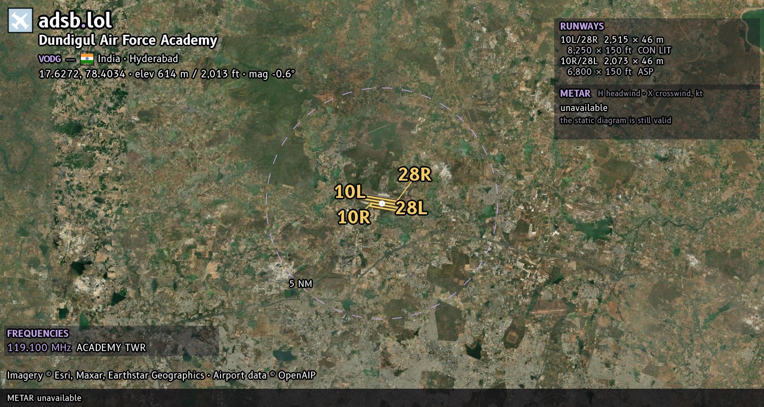 Satellite map with the runway layout of Dundigul Air Force Academy (VODG)