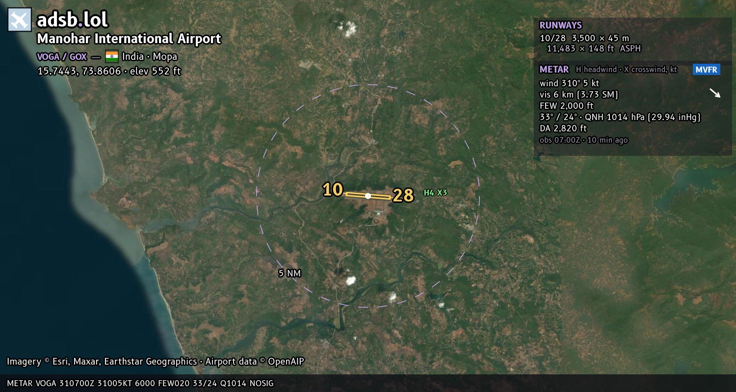 Satellite map with the runway layout of Manohar International Airport (VOGA)