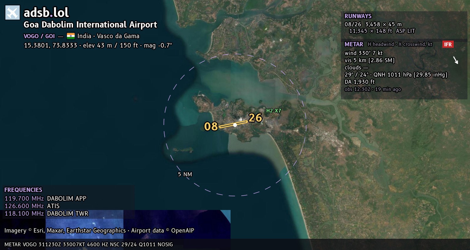 Satellite map with the runway layout of Goa Dabolim International Airport (VOGO)