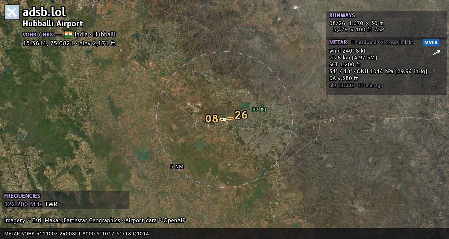 Satellite map with the runway layout of Hubballi Airport (VOHB)