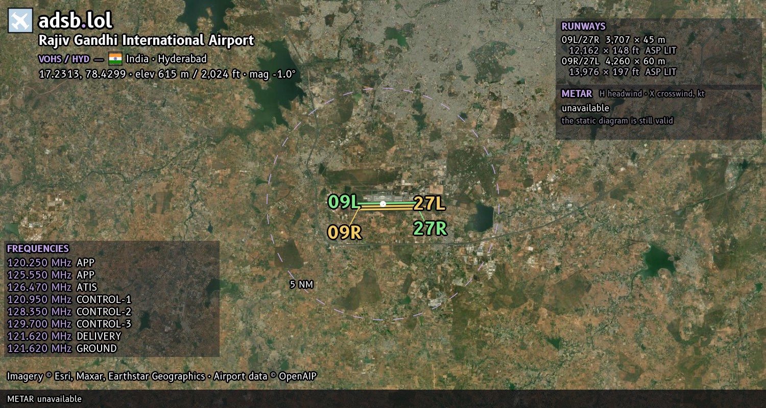 Satellite map with the runway layout of Rajiv Gandhi International Airport (VOHS)