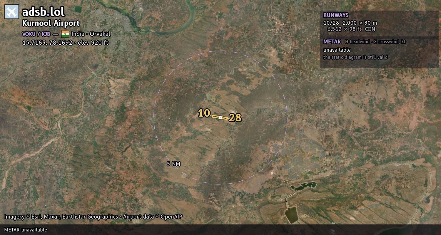 Satellite map with the runway layout of Kurnool Airport (VOKU)