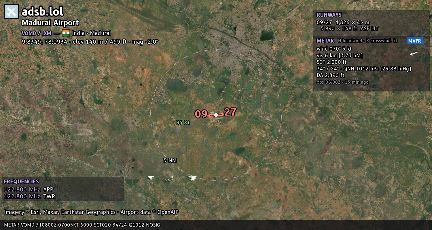 Satellite map with the runway layout of Madurai Airport (VOMD)