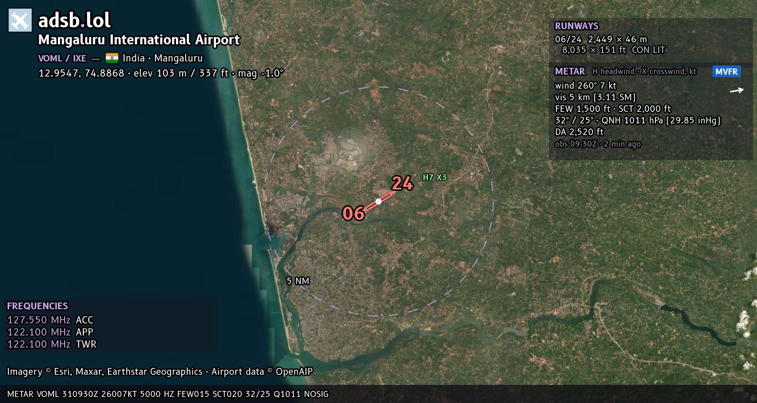 Satellite map with the runway layout of Mangaluru International Airport (VOML)