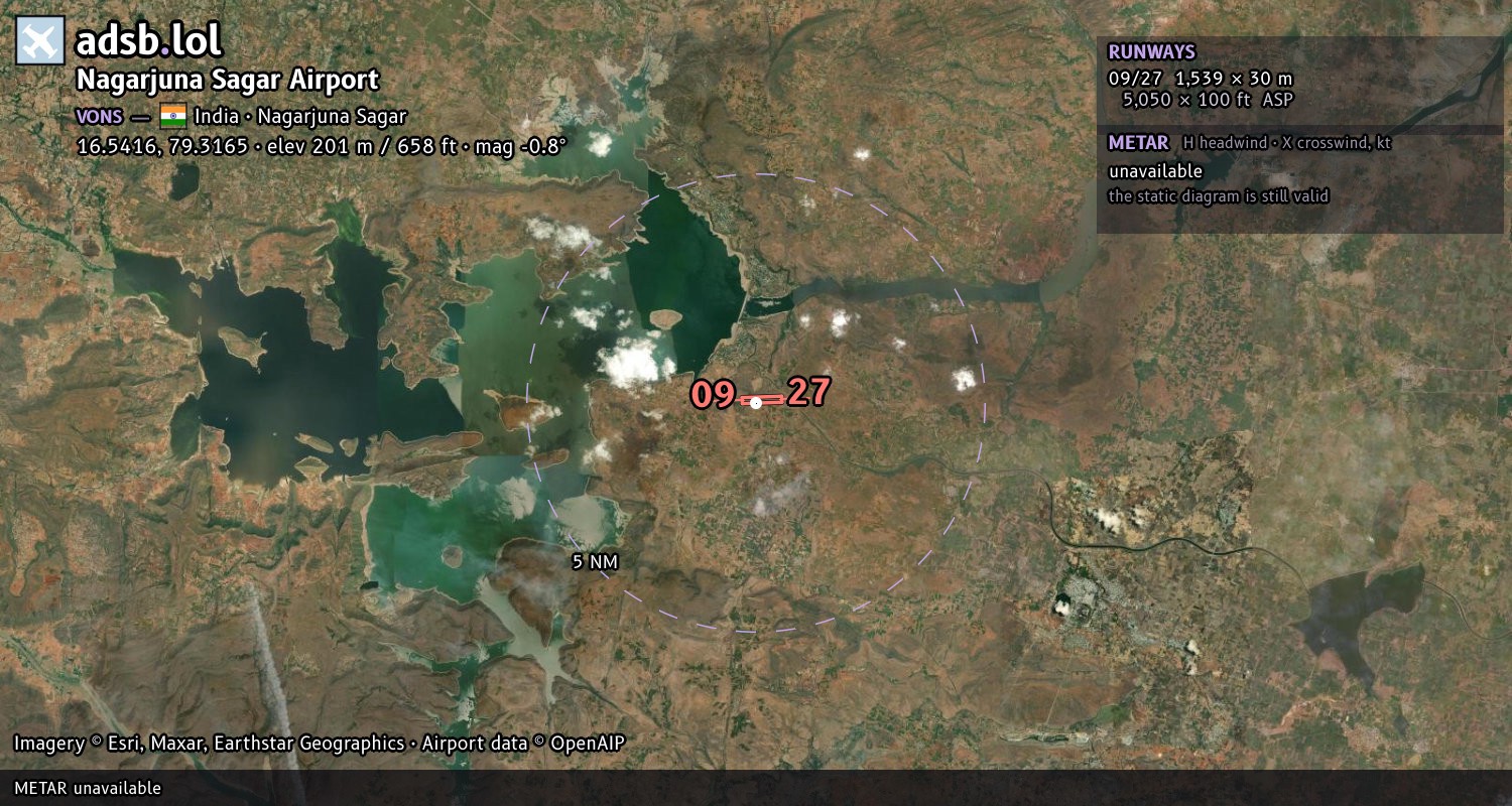 Satellite map with the runway layout of Nagarjuna Sagar Airport (VONS)
