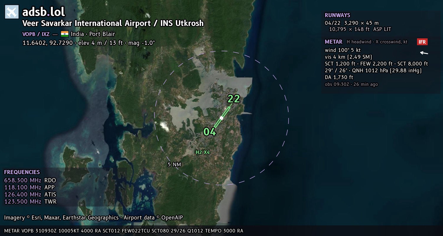 Satellite map with the runway layout of Veer Savarkar International Airport / INS Utkrosh (VOPB)