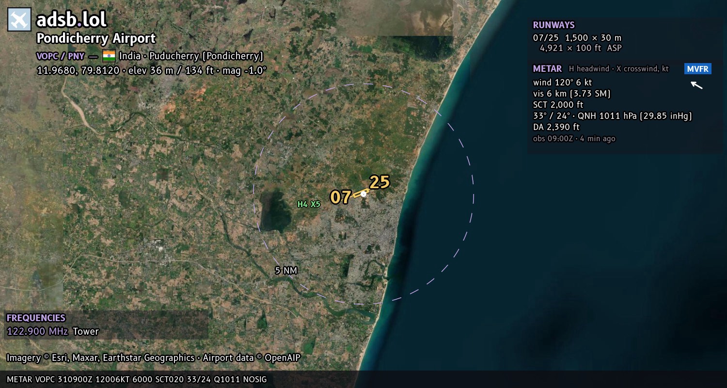 Satellite map with the runway layout of Pondicherry Airport (VOPC)