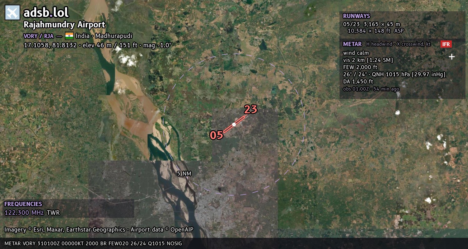 Satellite map with the runway layout of Rajahmundry Airport (VORY)