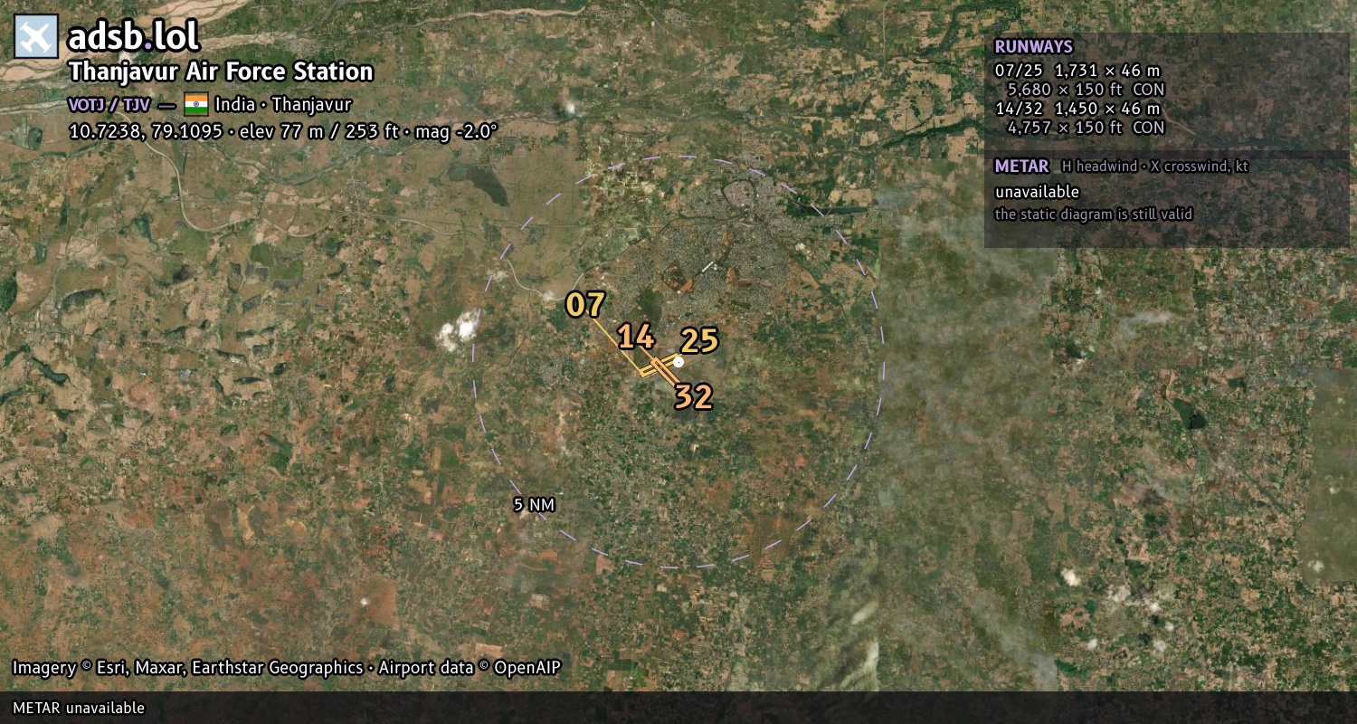 Satellite map with the runway layout of Thanjavur Air Force Station (VOTJ)