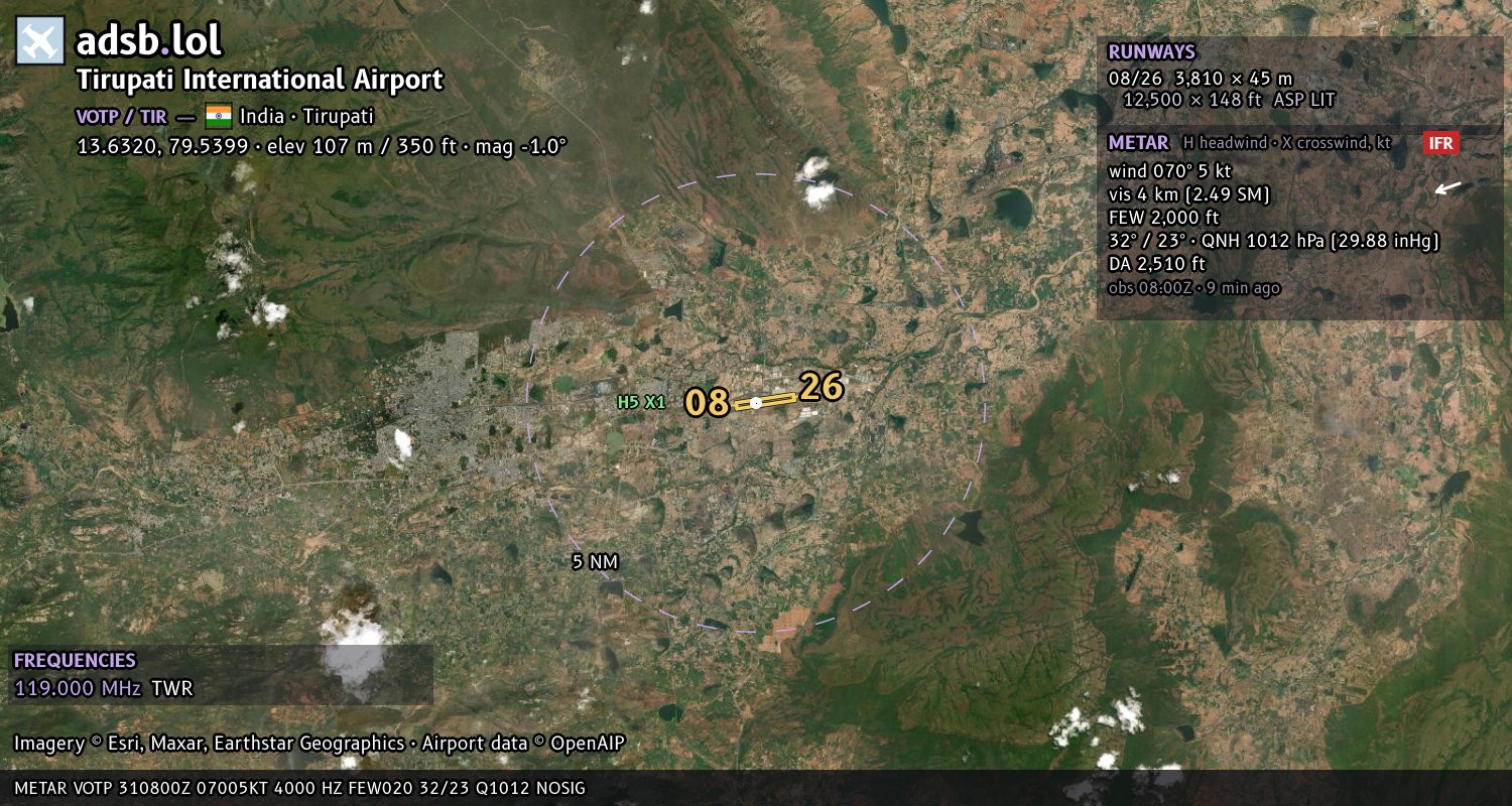 Satellite map with the runway layout of Tirupati International Airport (VOTP)