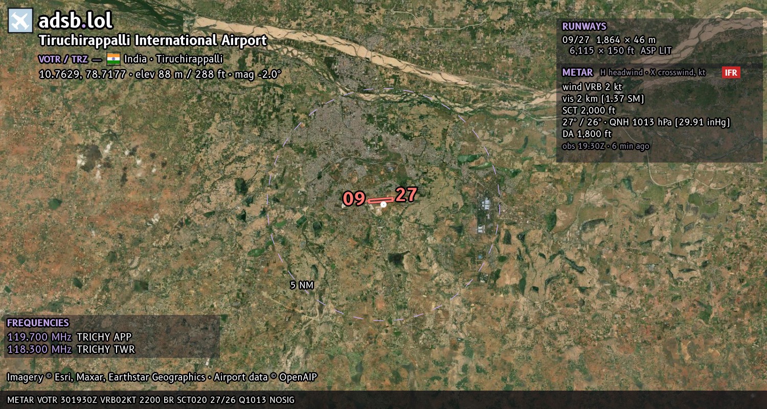 Satellite map with the runway layout of Tiruchirappalli International Airport (VOTR)