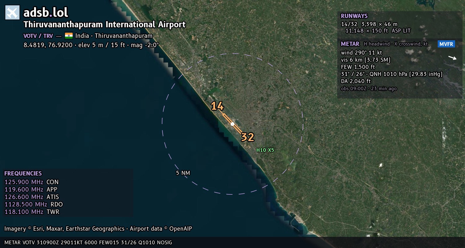 Satellite map with the runway layout of Thiruvananthapuram International Airport (VOTV)