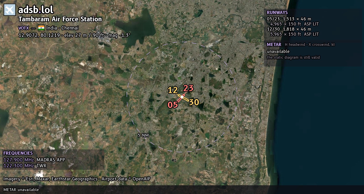 Satellite map with the runway layout of Tambaram Air Force Station (VOTX)