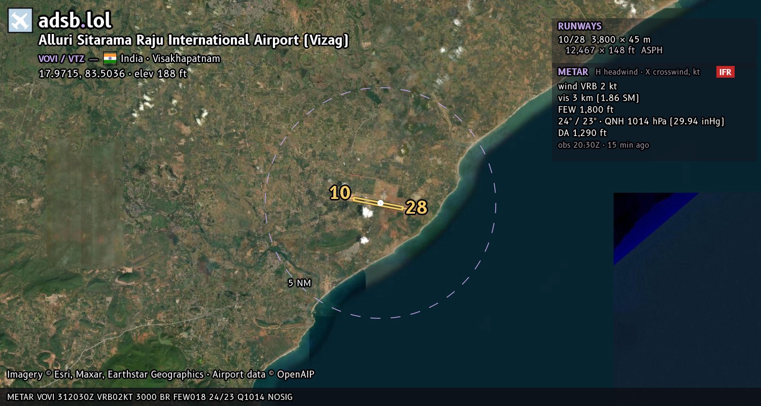 Satellite map with the runway layout of Alluri Sitarama Raju International Airport (Vizag) (VOVI)