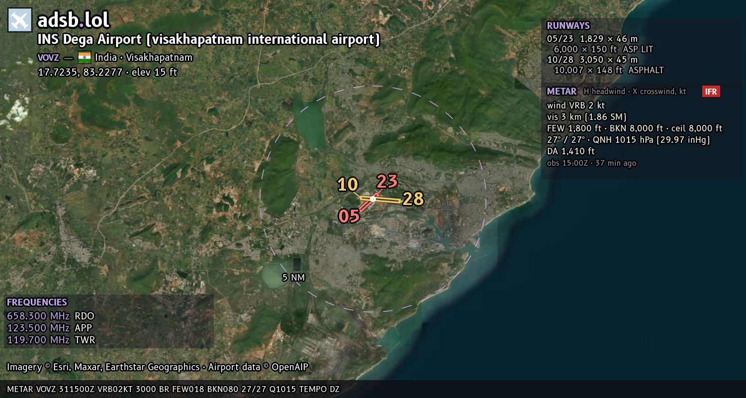 Satellite map with the runway layout of INS Dega Airport (visakhapatnam international airport) (VOVZ)