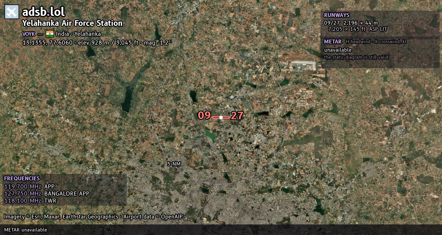 Satellite map with the runway layout of Yelahanka Air Force Station (VOYK)