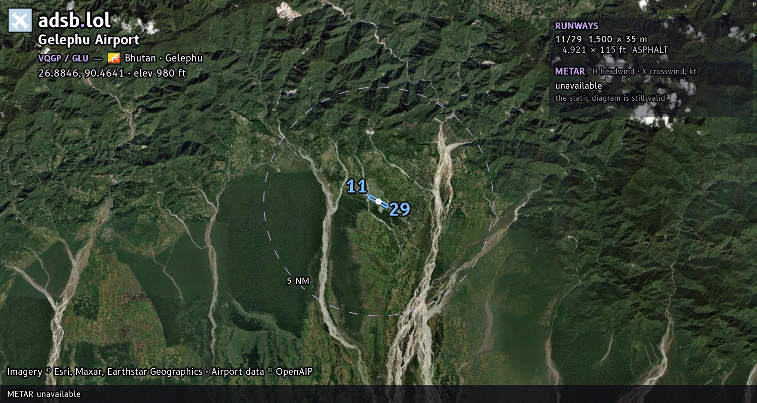 Satellite map with the runway layout of Gelephu Airport (VQGP)