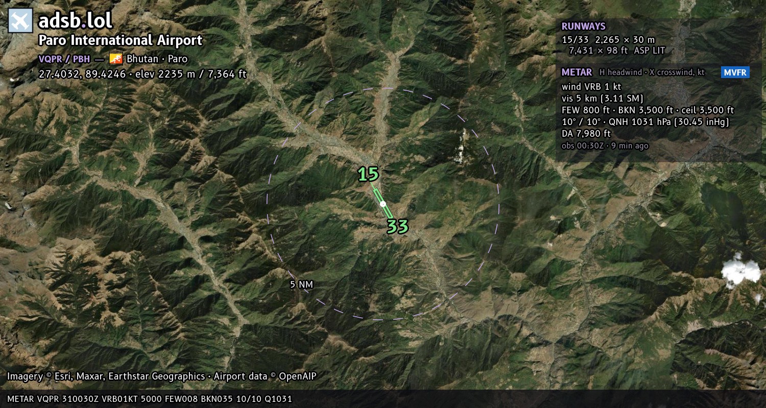 Satellite map with the runway layout of Paro International Airport (VQPR)