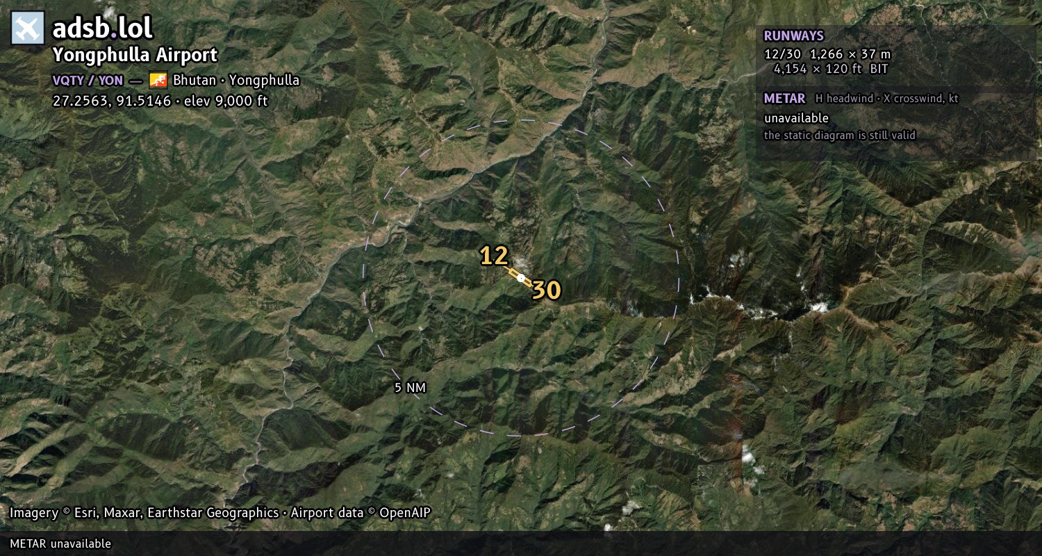 Satellite map with the runway layout of Yongphulla Airport (VQTY)
