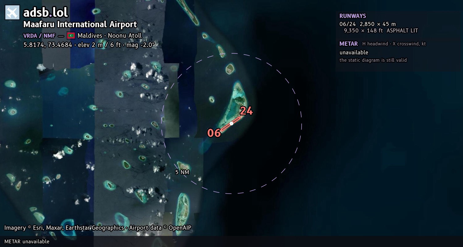 Satellite map with the runway layout of Maafaru International Airport (VRDA)