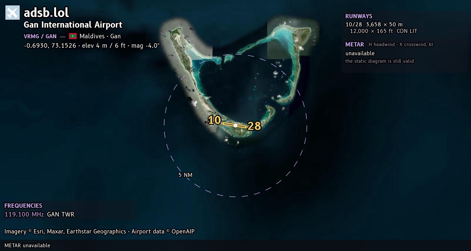 Satellite map with the runway layout of Gan International Airport (VRMG)