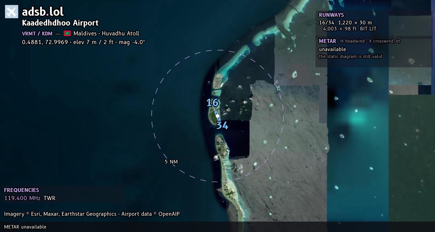 Satellite map with the runway layout of Kaadedhdhoo Airport (VRMT)