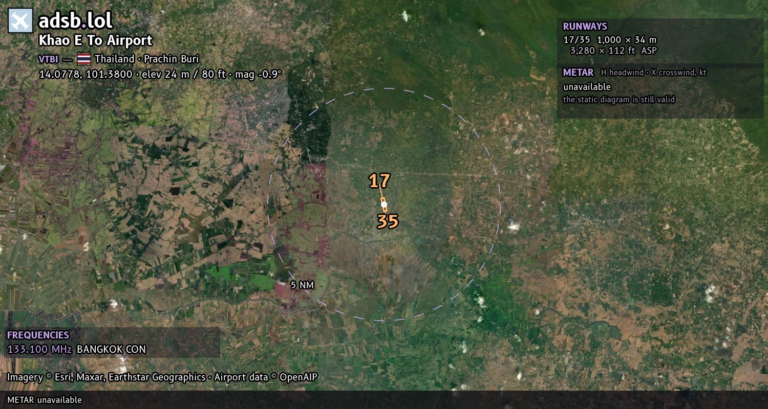 Satellite map with the runway layout of Khao E To Airport (VTBI)