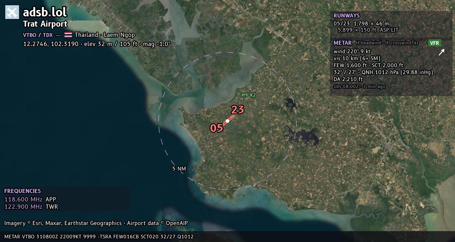 Satellite map with the runway layout of Trat Airport (VTBO)