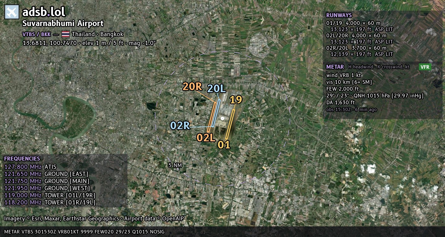 Satellite map with the runway layout of Suvarnabhumi Airport (VTBS)