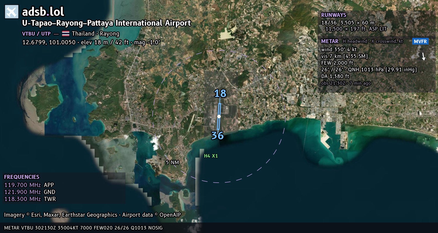 Satellite map with the runway layout of U-Tapao–Rayong–Pattaya International Airport (VTBU)