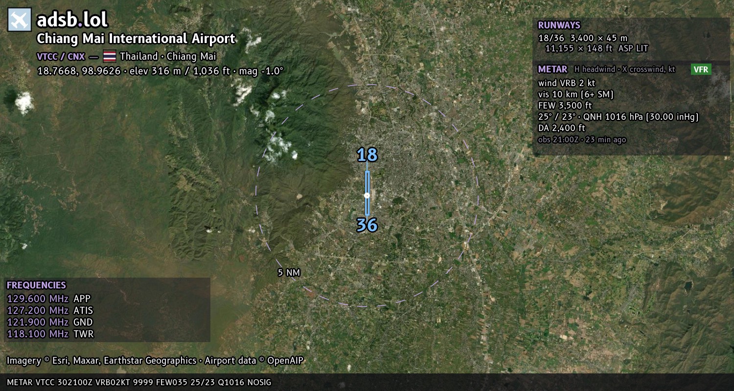 Satellite map with the runway layout of Chiang Mai International Airport (VTCC)