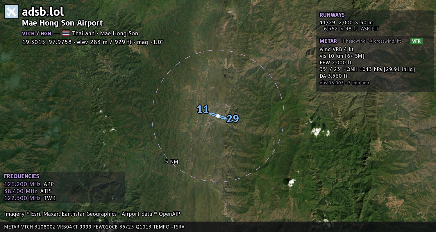 Satellite map with the runway layout of Mae Hong Son Airport (VTCH)