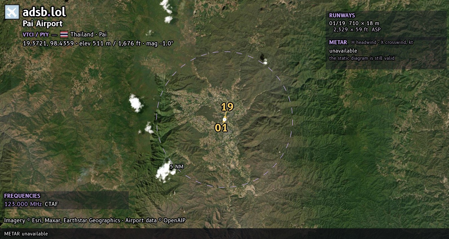 Satellite map with the runway layout of Pai Airport (VTCI)
