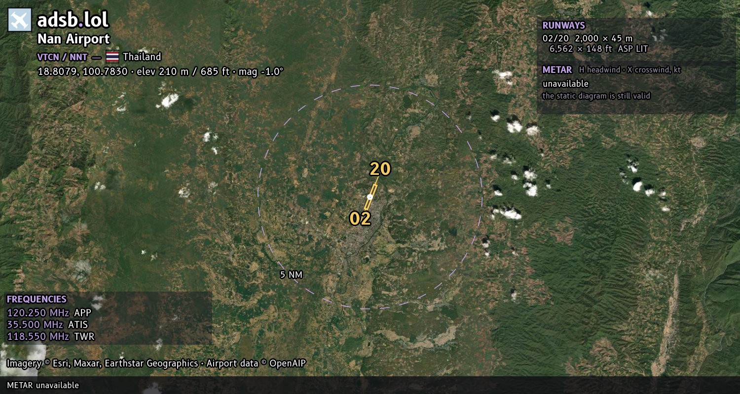 Satellite map with the runway layout of Nan Airport (VTCN)