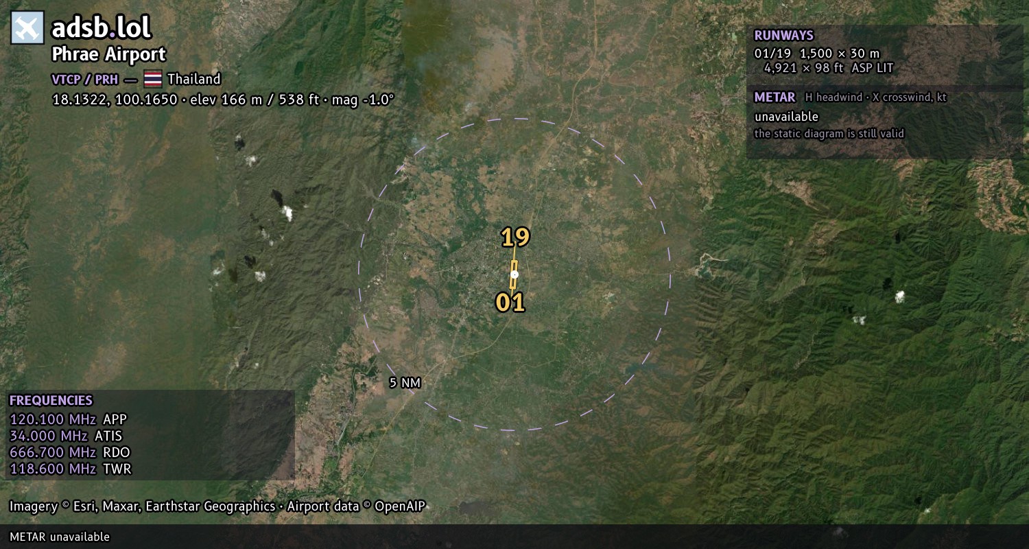 Satellite map with the runway layout of Phrae Airport (VTCP)