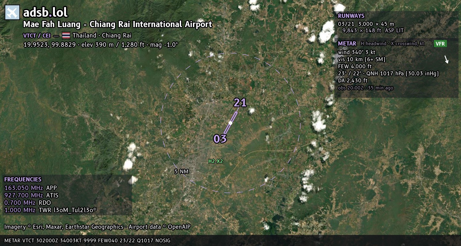Satellite map with the runway layout of Mae Fah Luang - Chiang Rai International Airport (VTCT)