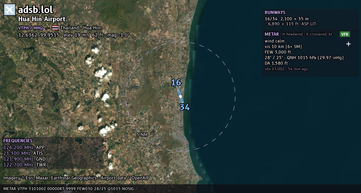 Satellite map with the runway layout of Hua Hin Airport (VTPH)